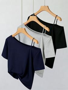 Conjunto de camiseta casual para mujer de verano, multifuncional, de un solo hombro, holgada, de manga corta y lisa; top con hombro irregular, perfecto para citas y viajes.