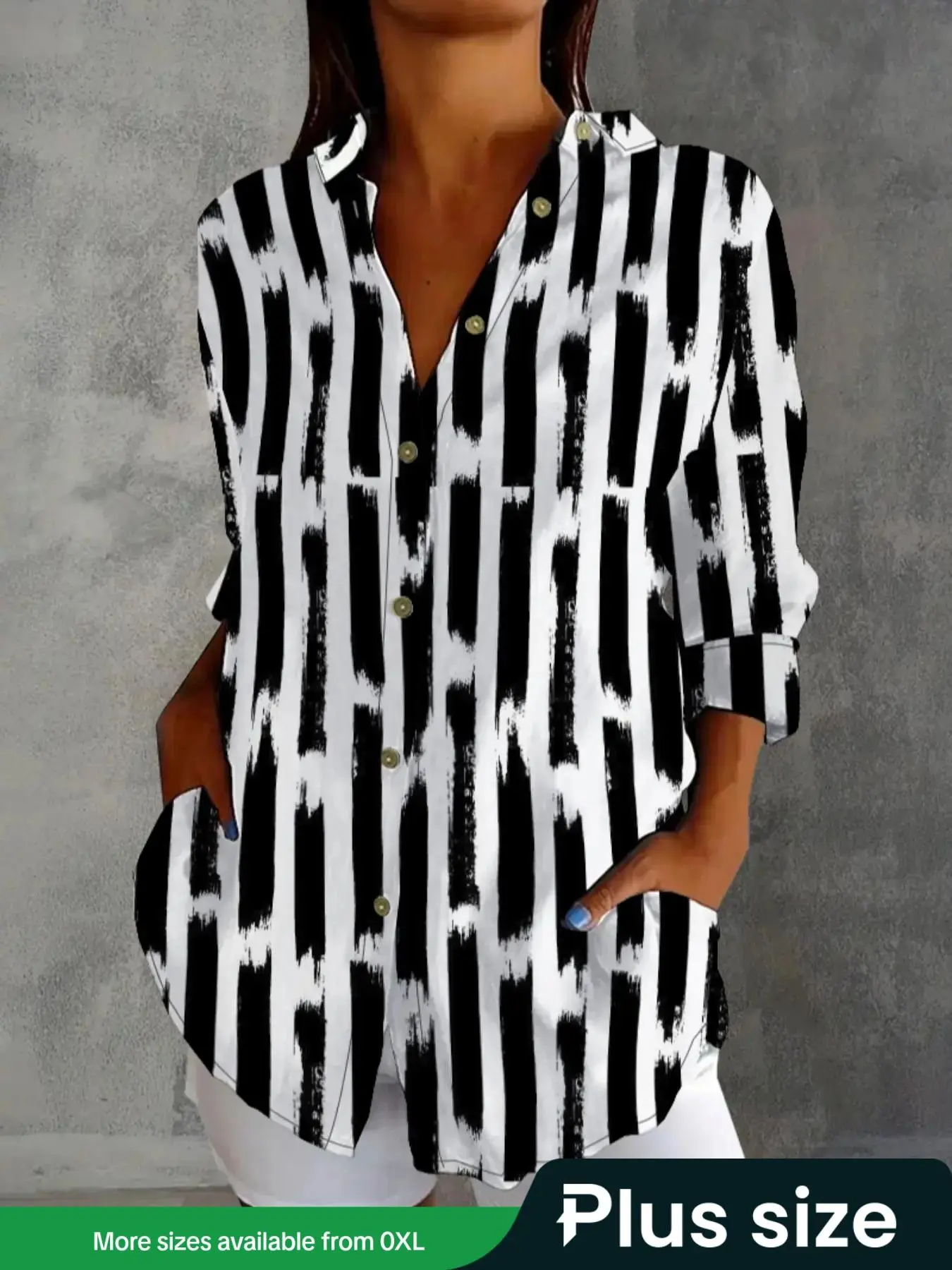 【Plus Size】All Over Striped Print Button Shirt, Casual Long Sleeve Collared Top for Spring & Fall, Women's Clothes for Daily Wear