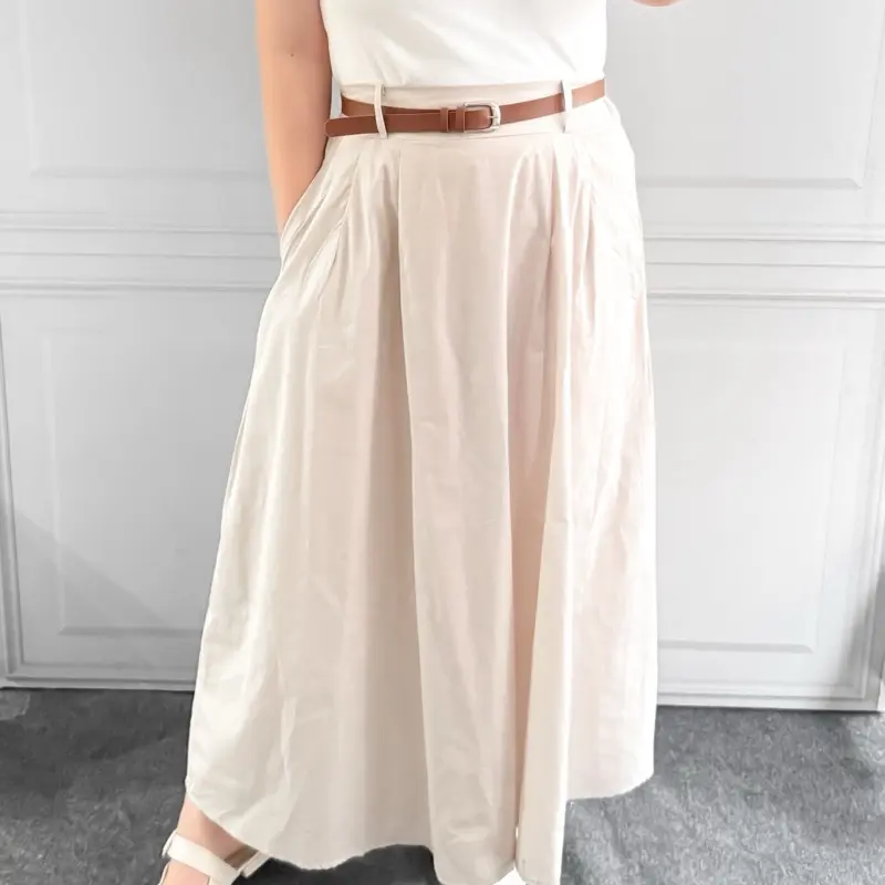Rok Maxi Highwaist A-Line Wanita Katun Panjang Dengan Belt Sabuk - Casual, Cewek, Midi, Serut, Mini, Dewasa, bawahan 2