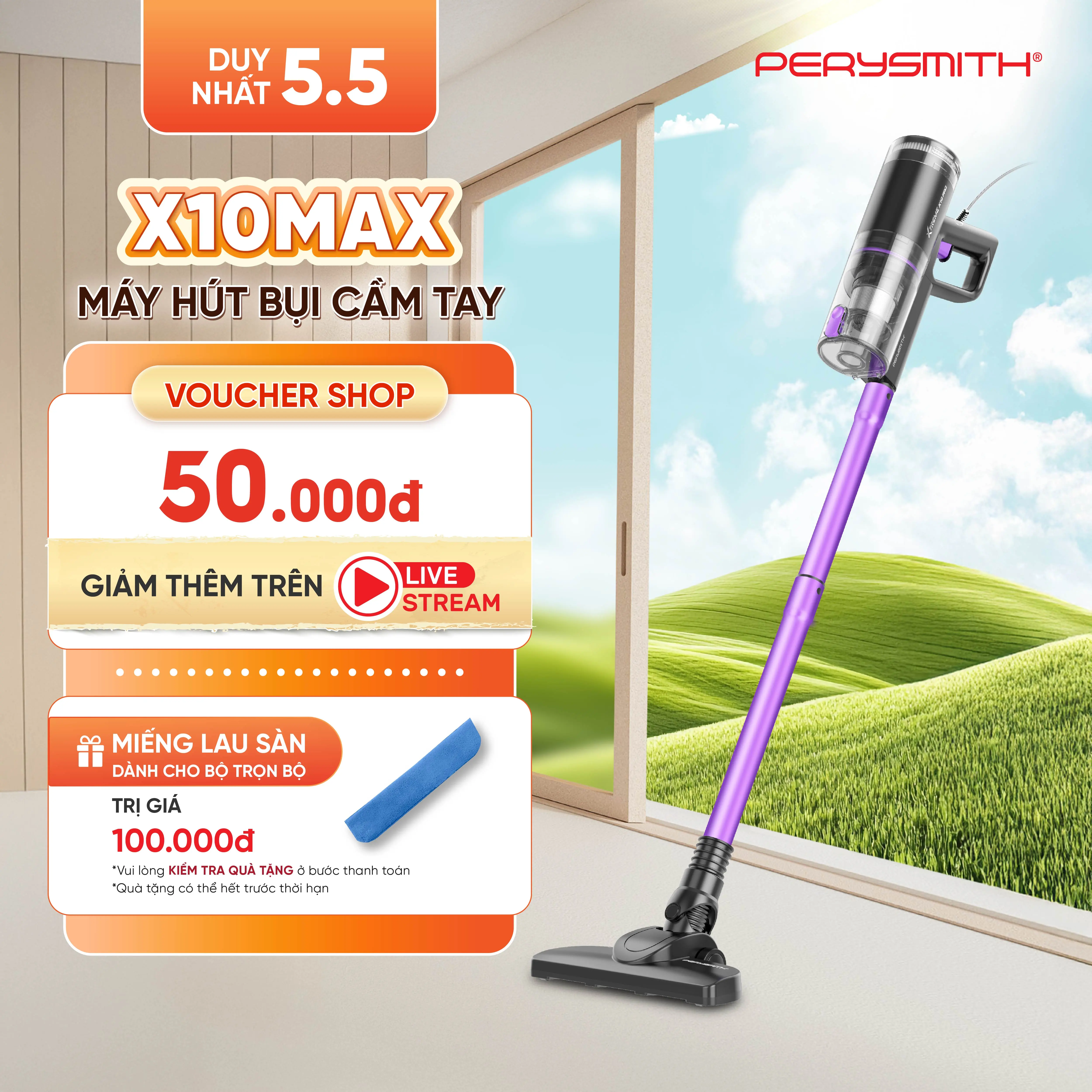 [N] MUA 1 ĐƯỢC 4 | Máy Hút Bụi PerySmith X10Max | 2 Lõi Lọc HEPA | Lực Hút 20000Pa Siêu Mạnh Hút Sàn/Cửa Sổ/Ô Tô | Bảo Hành 1 Năm
