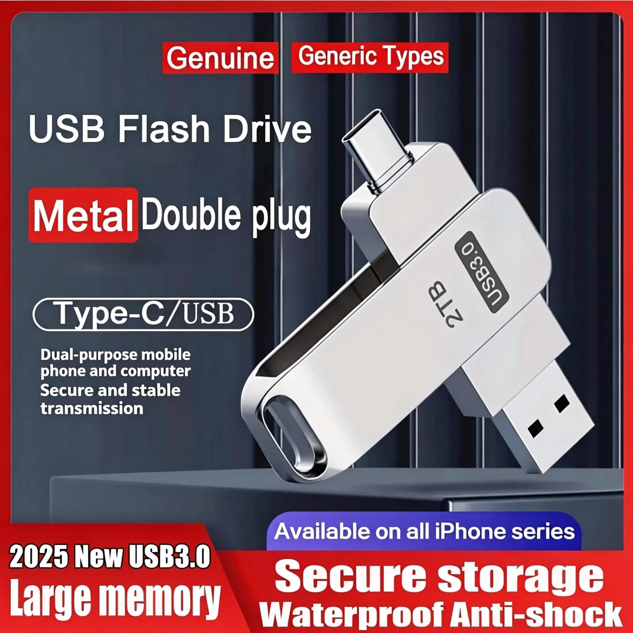 2TB 1TB 2in1 USB 3.0 Flashdisk Flash Drive Type-C High Speed OTG Pendrive Compatible Android HP Laptop PC Tablet Dual Interface USB Flashdisk Storage Computer