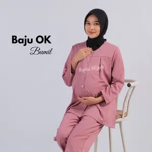 Baju Oka bumil ibu hamil maternity scrub perawat nakes  full kancing lengan panjang polos one set  Wanita