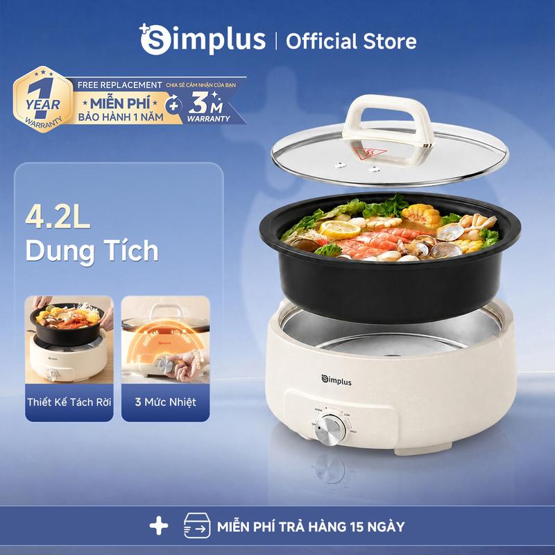 SimplusVN Nồi lẩu điện đa năng dạng tách rời 4.2L Simplus DHGH002, nồi điện chống dính gia dụng 1400W, đun nấu, hầm canh, chiên xào, beefsteak Bảo hành 1 năm chỉ đổi không sửa