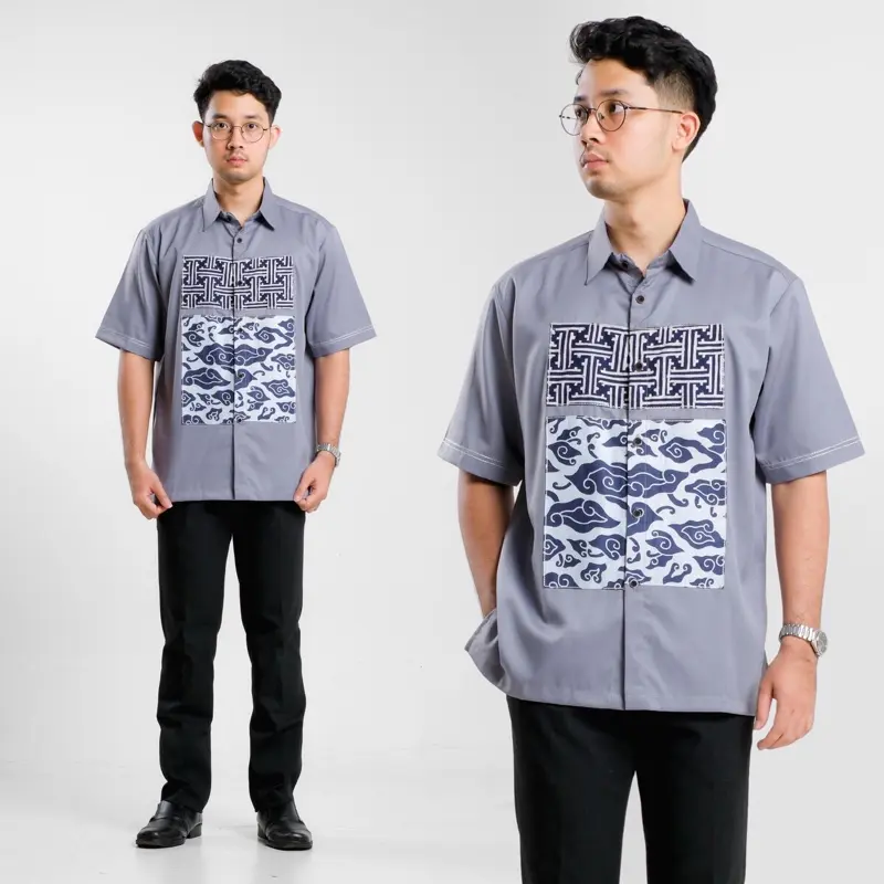 Kemeja Batik Pria Katun Lengan Pendek Casual Kombinasi Motif Modern Baju Kantor Muslim Koko 5