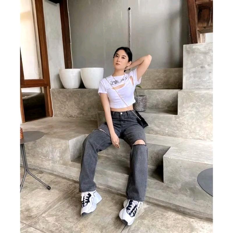 Celana Kulot Jeans Sobek Wanita - Model Terbaru Nyaman Panjang Nyaman Panjang Keren petite pants unsex regular cargo 4