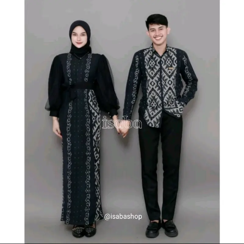 Isaba Dress Padma Couple Tenun Kondangan Lamaran Gamis Muslimah Kombinasi Katun Tile Batik Kemeja Pria Lengan Panjang Baju Pesta Pasangan Keluarga Sarimbit Hitam Seragam Kain 0