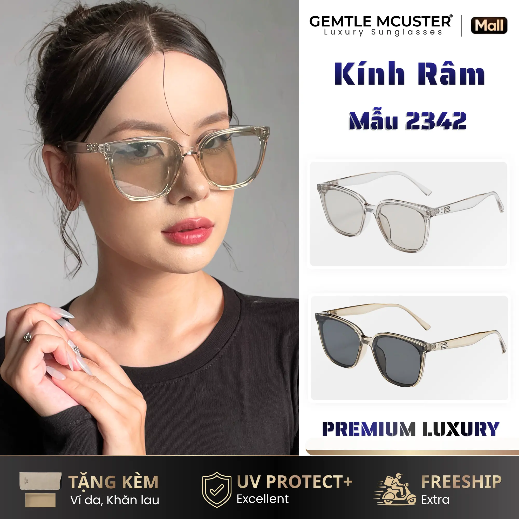 【GEMTLE MCUSTER】Kính Mắt Nữ, Thời Trang, Kính Râm Chống Nắng UV400, Chất Liệu PC Chất Lượng Cao, YD7 2342
