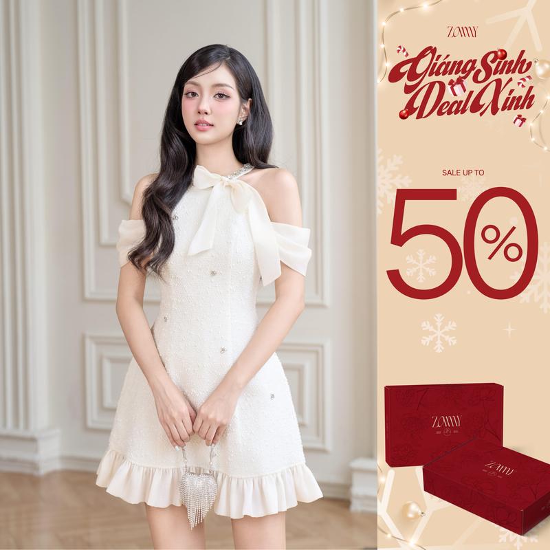 ZAMYSHOP - Váy thiết kế dạ bông nơ lệch váy đi tiệc váy xinh đi chơi sang trọng