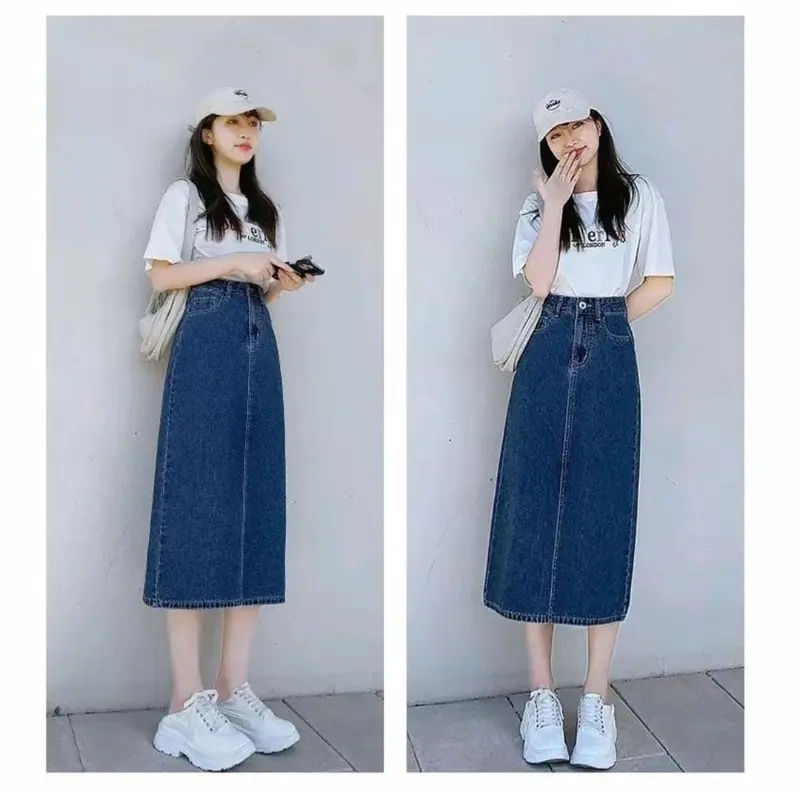 Rok Jeans Highwaist A-Line Panjang 7/8 Basic Skirt Jeans 780 - Rok Jeans Wanita Korean Style Terbaru - Medium Blue 4