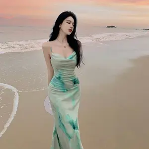 7850 green party fitted long green floral beach dress for women plus size cocktail dress formal elegant Gaun Panjang