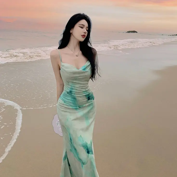7850 green party sexy fitted long green floral beach dress for women plus size cocktail dress formal elegant Gaun Panjang