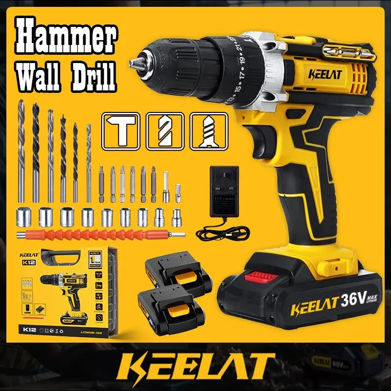 【KEELAT】KCD005 Cordless Drill Battery Hand Drill Impact Drill Bateri Screwdriver Hammer Drill Bits With Light Electric Machine