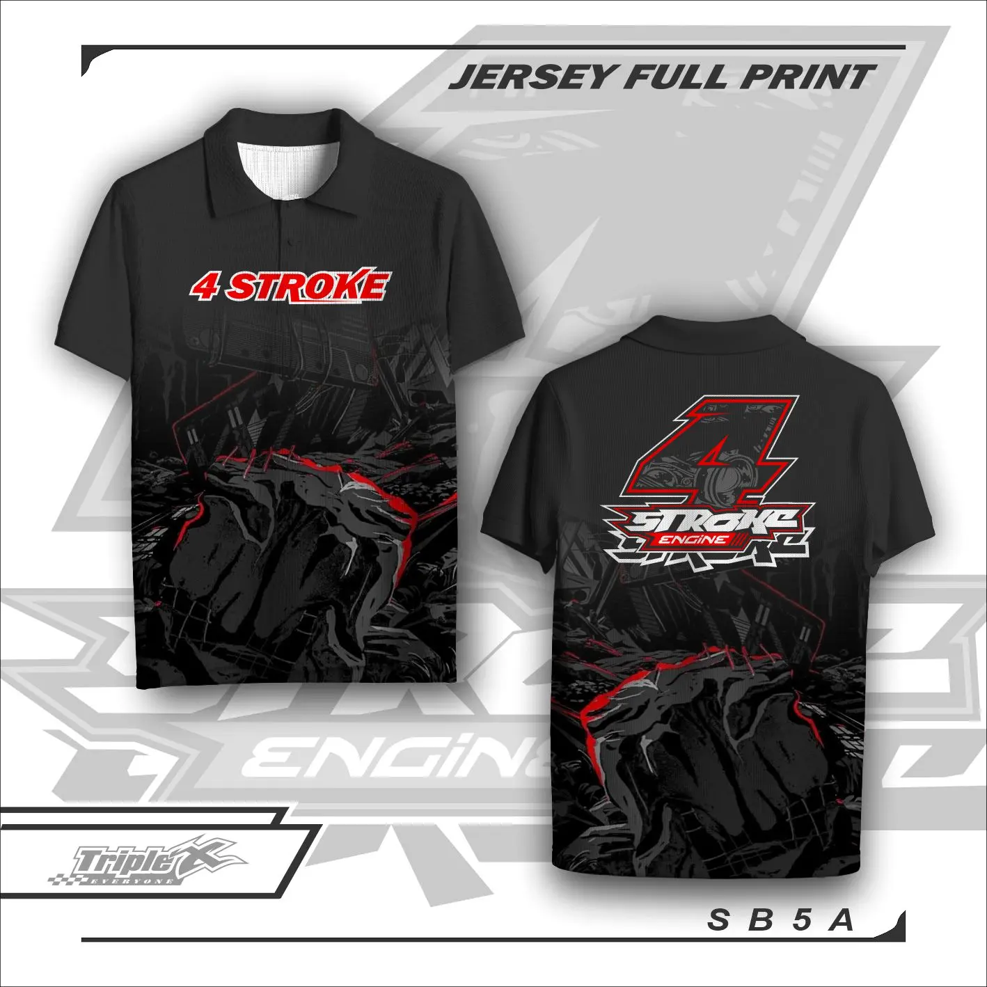 SB5A Jersey 4stroke Warna Hitam Merah Full Printing Kerah Polo - Baju DryFit Milano