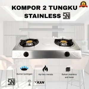 Kompor Gas 2 tungku Stainless Steell SNI Peralatan masak Tahan Karat Api Biru