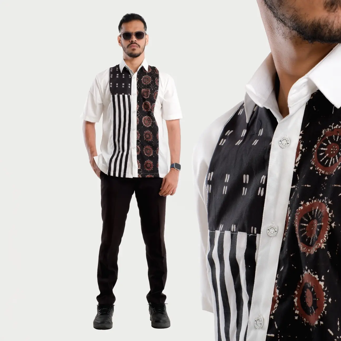 IDRYS - KEMEJA BATIK PUTIH - Batik Pria Lengan Pendek Kombinasi Polos Baju Kantor Tangan Pendek -  Seragam Harian Kerja Katun Toyobo Motif Batik -  Hem Batik Casual Putih
