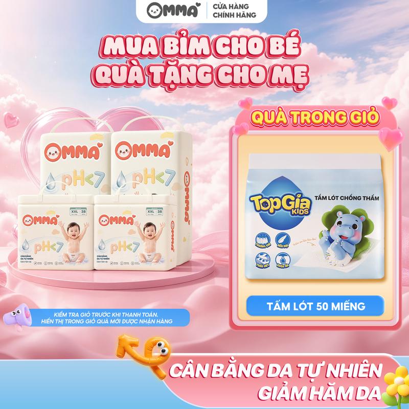 4 BỊCH Tã Bỉm OMMA Care Cho Bé, Mềm Mại, Dịu Êm, Thấm Hút Tốt, Với 2 Vùng Thấm Bổ Sung Công Nghệ pH<7, Giảm Kích Ứng Da, Siêu Khô Thoáng,An Toàn Lành Tính Cho Mông Bé,Đầy Đủ Các Size Cho Mẹ Chọn,Nhiều Miếng Hơn,Mẹ Dùng Lâu Hơn