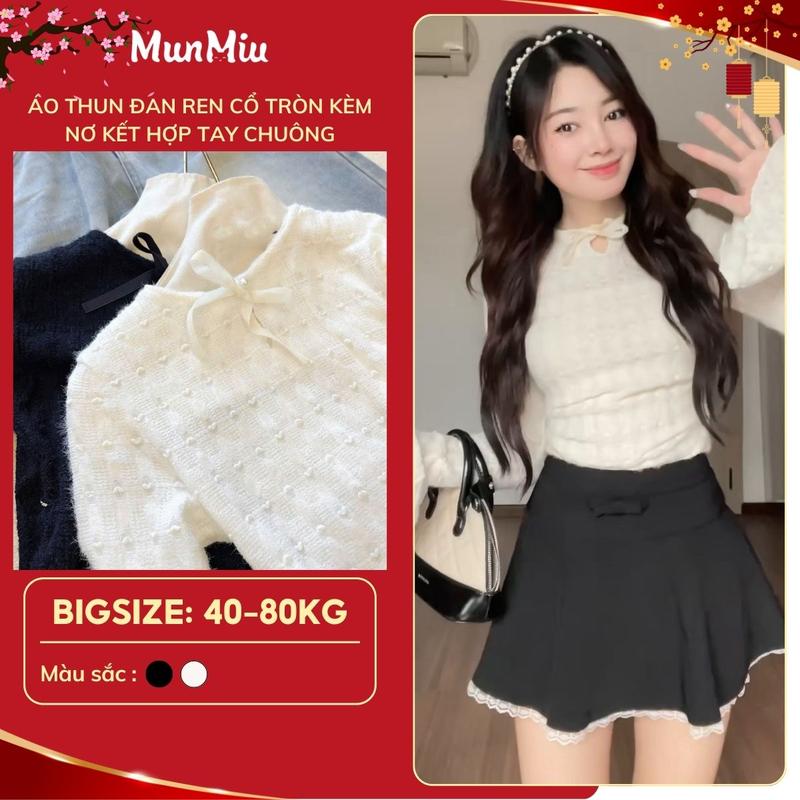 Áo thun nữ BIGSIZE MunMiu Áo ôm body phong cách đơn giản cổ tròn đính nơ kết hợp tay chuông siêu tôn dáng 3943
