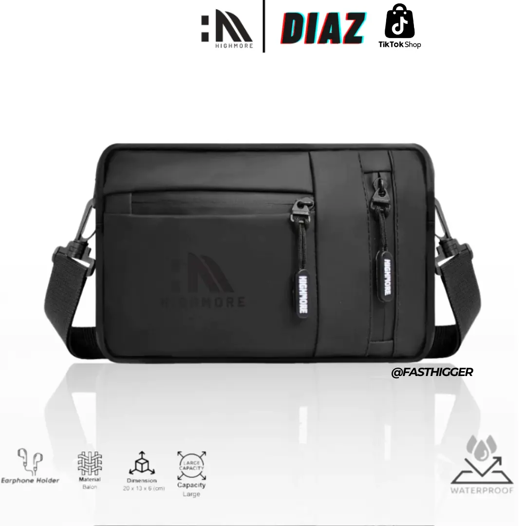 HIGHMORE DIAZ - Tas Selempang Pria Premium Waterproof [ HARGA PROMO ] Slingbag Hitam Cowok