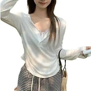 Elegant V-Neck Lace Sun Protection Thin Lightweight Top Long Sleeve Tee Women Spring Design Unique Fashionable Clothing Women's clothing fit 3120# Shirts Womenswear Basic Fitted Minimalist Vneck Casual