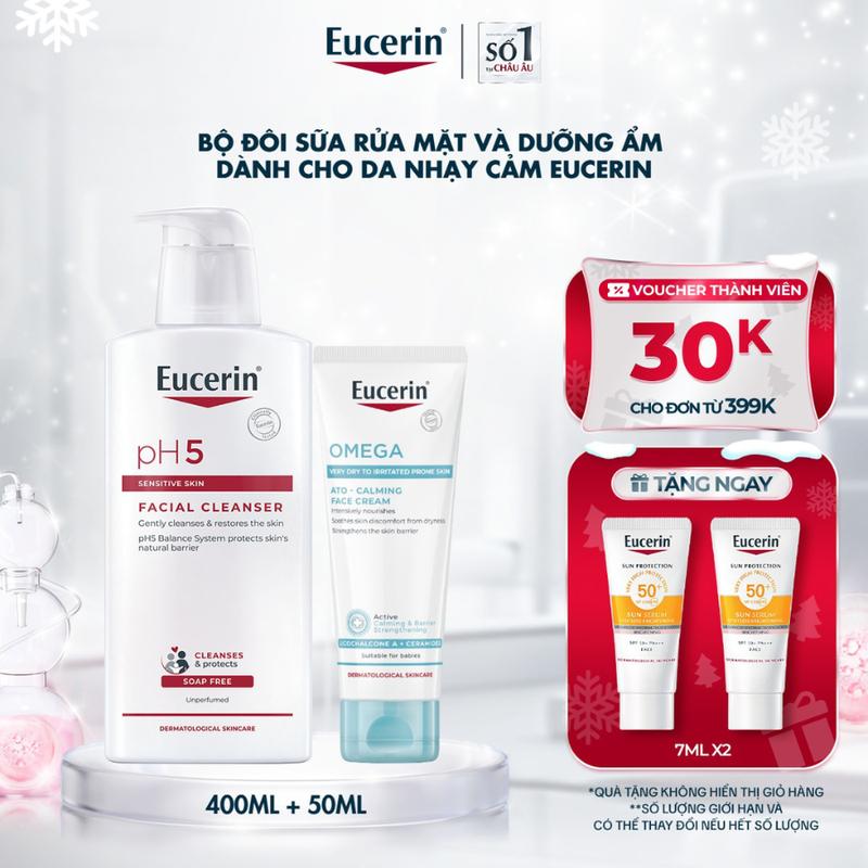 MỚI Bộ đôi sữa rửa mặt và dưỡng ẩm dành cho da nhạy cảm Eucerin: Sữa rửa mặt pH5 400ml & Kem dưỡng ẩm chuyên sâu Eucerin Ato-Calming Face Cream 50ml
