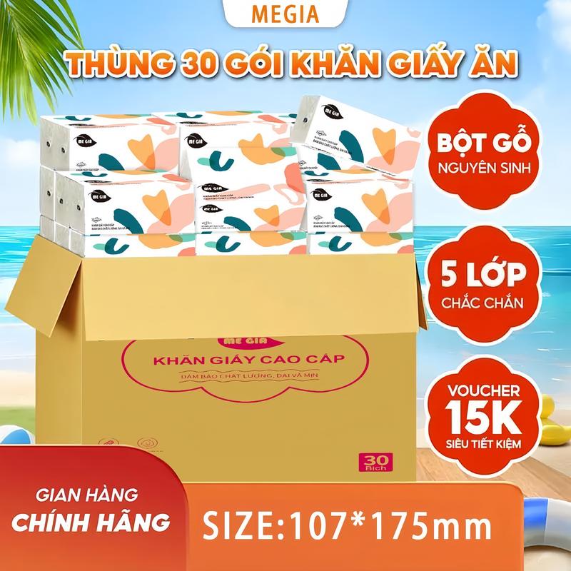 (CLEVER MOM 30 Gói)Thùng 30 bịch Giấy ăn rút cao cấp MEGIA 5 lớp mềm mịn, siêu…