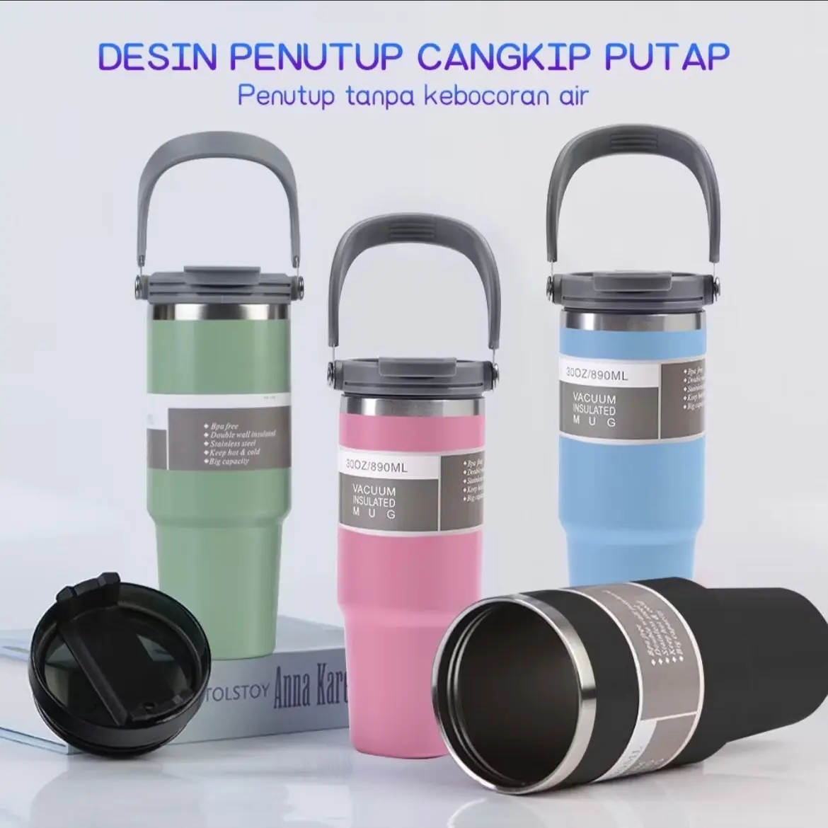 Termos tumbler handle Vacuum insulated mug 304 stainless steel free sedotan 900ml