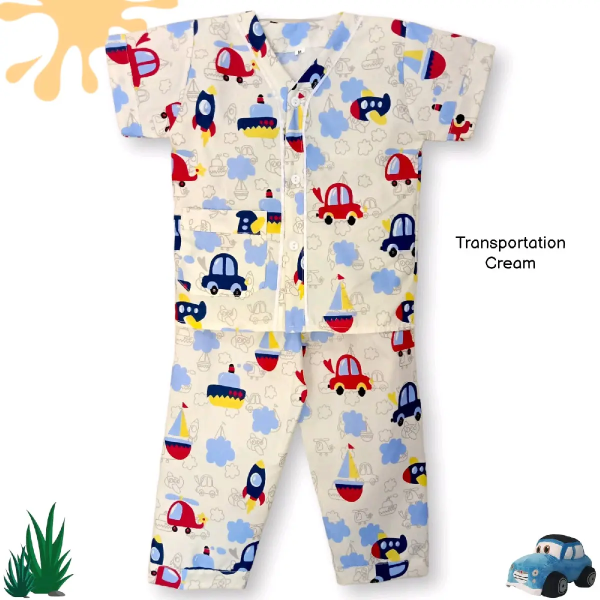 setelan baju tidur anak laki-laki gambar mobil model tanpa kerah untuk usia 1~12 thn