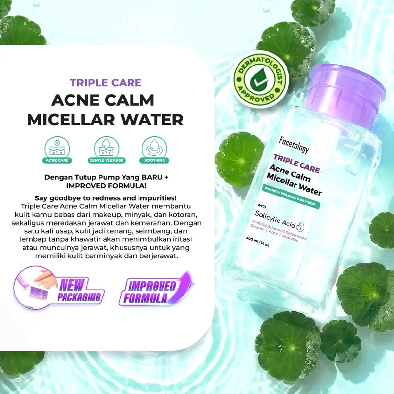 (new package & new formula) FACETOLOGY TRIPLE CARE ACNE CALM MICELLAR WATER 300ML FOR ACNE SKIN SIAP KIRIM, kemasan lebih safety Berjerawat 2