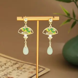 Anting Juntai Kipas Fan Stud Tusuk Tindik Etnik China Korea Chinese Cny Jepang Japan Look Korean Cheongsam Hanfu Imlek Green Jade Giok Batu