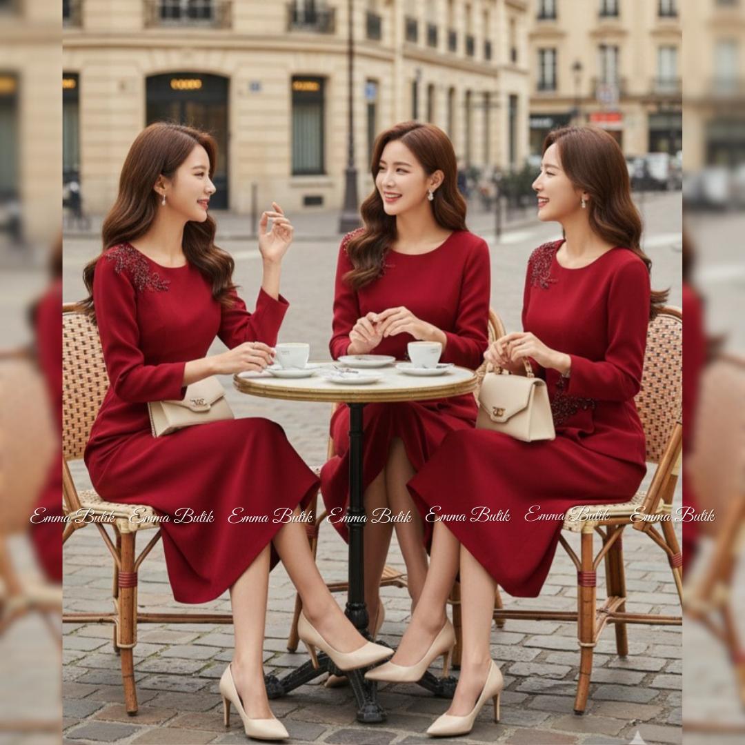 Emma.Butik E00655 Dress Merah Paskah Gaun Midi Wanita Formal Mewah Kondangan Pesta Gereja Maroon Crew Neck Formal Lengan Panjang