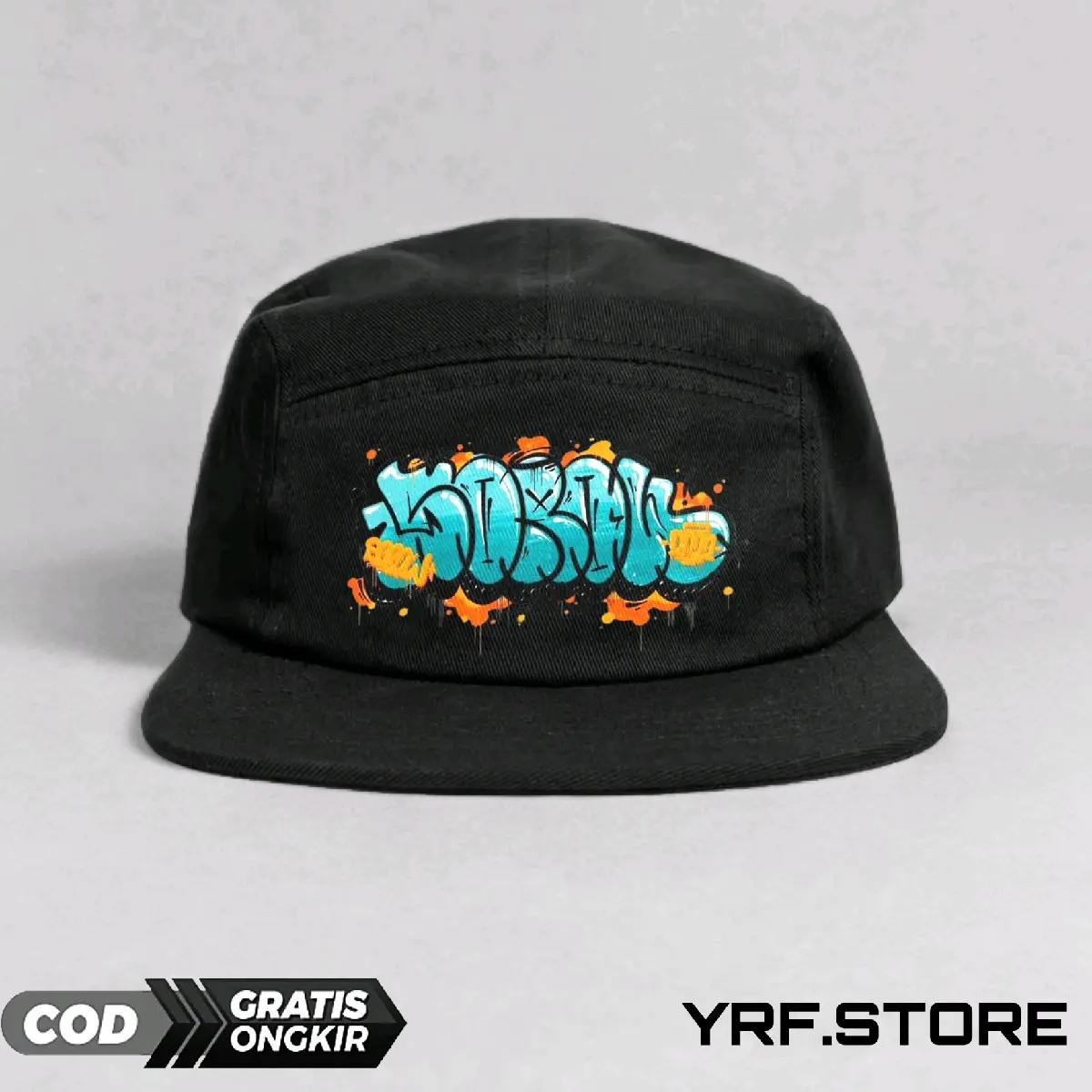 Topi Snapback 5 Panel YRF.STORE Warna Hitam dengan Logo Sablon Unik GRAFFITI SKENA Simpel,topi skena,five panel snapback,topi skena outfit