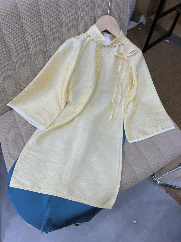   Áo Dài Form To  Set Áo Dài Hoa Lụa 2 Màu Kèm Quần Dài Lụa 94E Dành Cho Bé Gái 