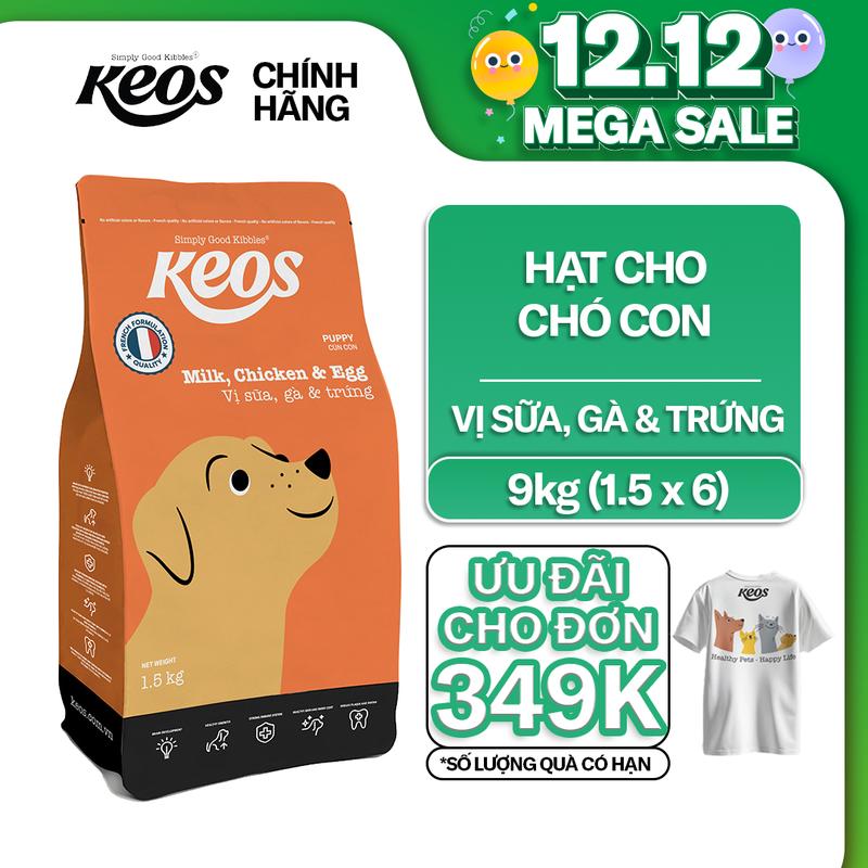 Thức ăn hạt cho chó con Keos vị Sữa Gà & Trứng giàu DHA & Omega 3-6 9kg