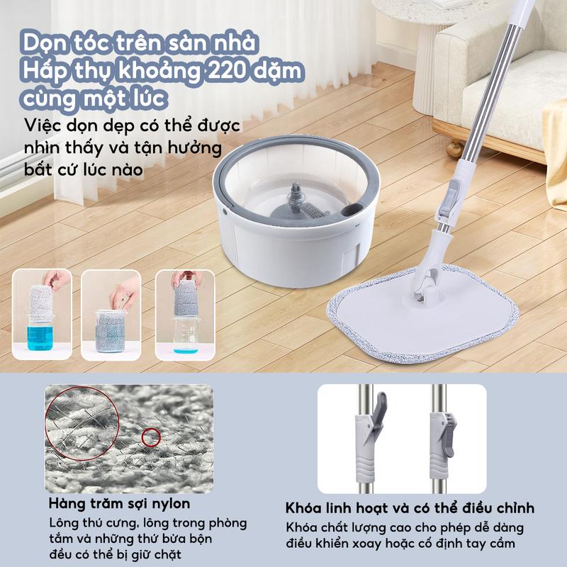 Cây lau nhà phẳng riêng biệt, gia dụng, lau nhà sạch sẽ, thấm nước khô rảnh tay, bộ xô lau nhà xoay thùng nhựa abs xoay được 360 độ cây lau nhà 4