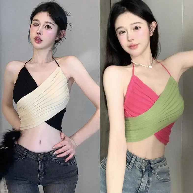 Áo Yếm Dệt Kim, Dây Đeo Cổ Chéo, Dành Cho Phụ Nữ, Bán Chạy, Trang Phục Mùa Hè, Áo Ống Ngắn Gợi Cảm, Áo Không Tay Thời Trang áo chéocổ Women Top Ong Umi