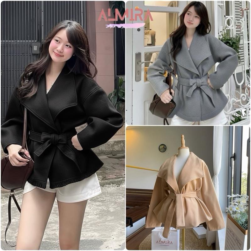  Áo Khoác Dạ Ép Cổ Vest Kèm Dây Đai Dáng Ngắn 1 Lớp 