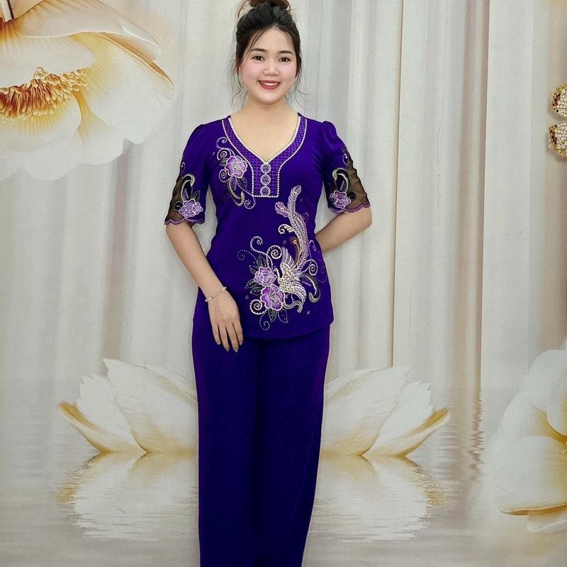 B19 Đồ bộ Thun nữ trung niên Áo tay lỡ cổ tim thêu phượng hoàng, quần dài ống suông thương hiệu Hải Sơn Women