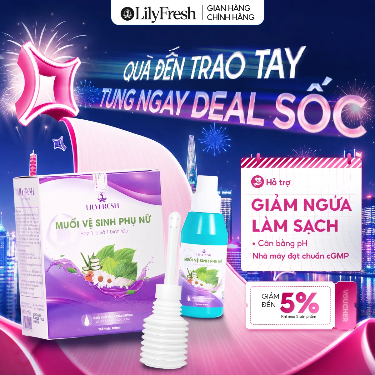 Muối Vệ Sinh Phụ Nữ LILYFRESH Nano Nghệ Trầu Không – Trọn Bộ Chăm Sóc Vùng Kín 100ml