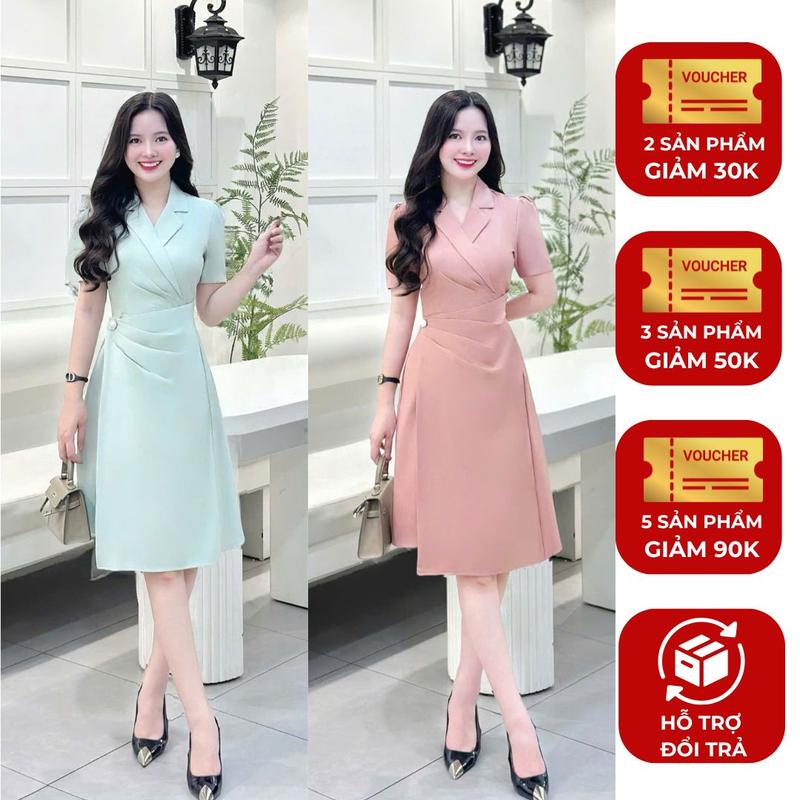 Đầm váy nữ xinh thiết kế hot trend Nhật Vy cổ vest tay ngắn kiểu dáng dài chiết eo big size chất lụa công sở văn phòng dự tiệc quà tặng vợ mẹ màu hồng xanh đen - D3505