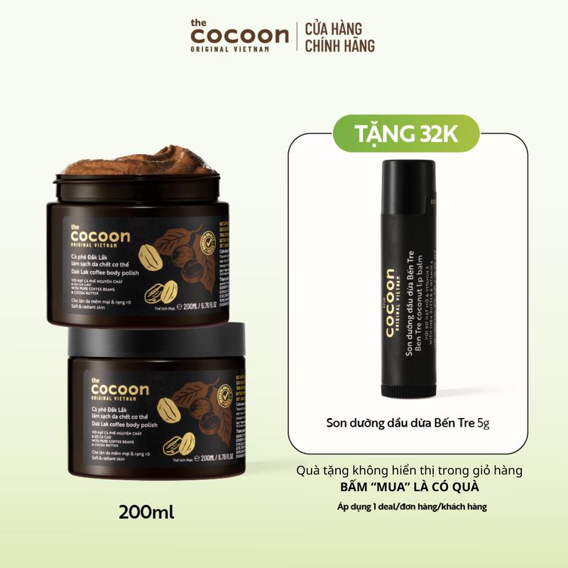 [COMBO MUA 2 NHẬN 3 - GIẢM 40%] Combo 2 Hũ tẩy da chết cơ thể cà phê Đắk Lắk Cocoon cho làn da mềm mại và rạng rỡ 200ml và 1 Son dưỡng dầu dừa Bến Tre 5g