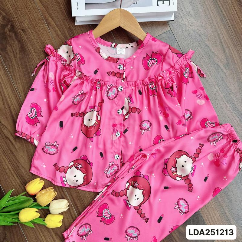LDA251213 Bộ lụa dài pijama tay dài quần dài cho bé gái 10kg-42kg cài nút phối viền