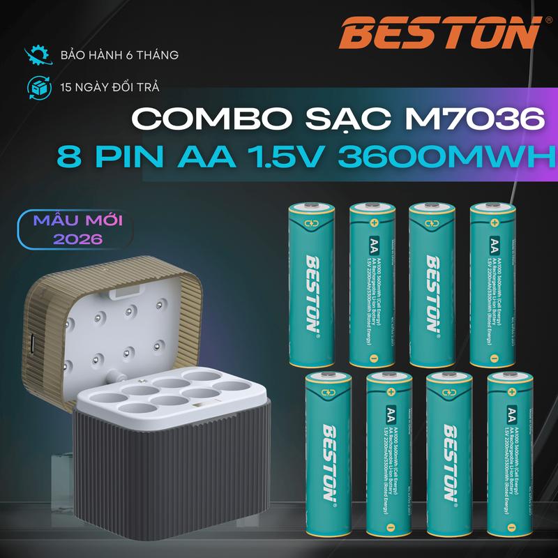  BESTON Combo Sạc M7036 & 8 Pin AA 1.5V Li-Ion 3600mAh Tiện Lợi Cho Micro Karaoke Máy Ảnh Đồ Chơi Pin LED Dung Lượng Cao 3600mWh Sạc 1000 Lần 