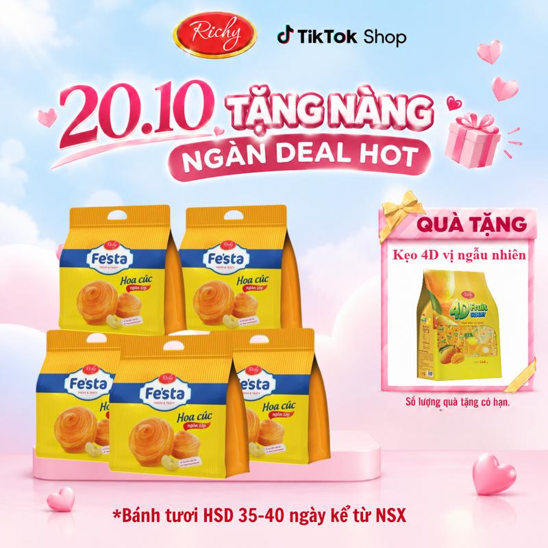 Combo 5 Bánh Mỳ Hoa Cúc Ngàn Lớp Fe'sta Vị Truyền Thống 120g (40g x 3 Bánh)
