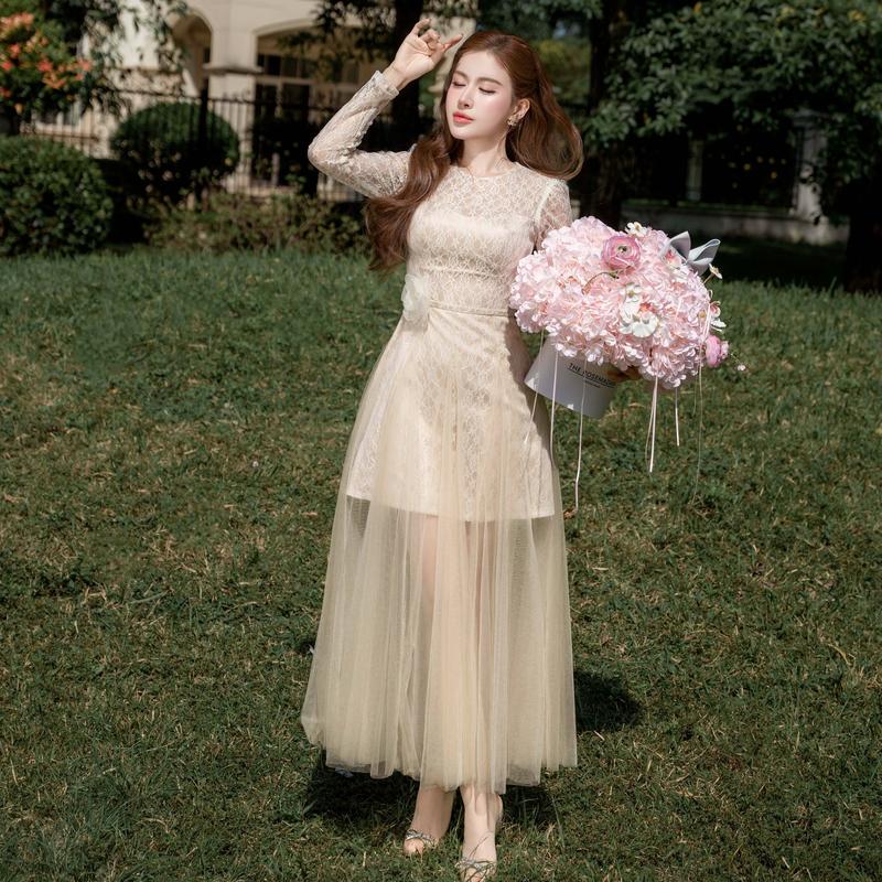   Kiều Linh -Váy Dự Tiệc Thiết Kế Dáng Dài KL697 chất liệu Ren Thêu Hoa Nhí Kết Hoa Eo Chân Váy Lưới 2 Lớp Lót Giấu Đường May Kĩ 