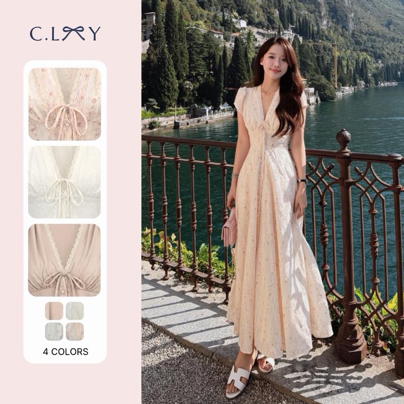 C.LAY CLOTHING - Uni Dress Váy Nữ Thiết Kế Cổ V Viền Ren, Tay Bồng, Chiết Eo Xòe Nhẹ, 2 Lớp Lót, Có Dáng Dài