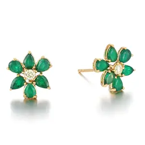 TDA Gold Green Emerald Flower Earring Anting Emas Berlian Batu Safir Asli Wanita