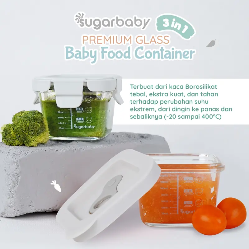 Sugar Baby Premium Glass Jar Baby Food Container 3 pcs BPA FREE / Peralatan Makan Bayi MPASI / Wadah Mangkok Bayi Silicone Lid & Plastic Lid 3