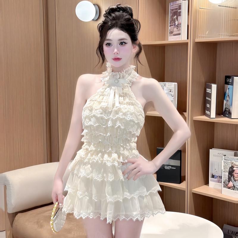 Sét Ren Cổ Yếm Đính Nơ Dự Tiệc Váy Ren Tầng Ngắn Xoè Thiết Kế Sang Chảnh Cho Nàng Xinh Xắn Đáng Yêu