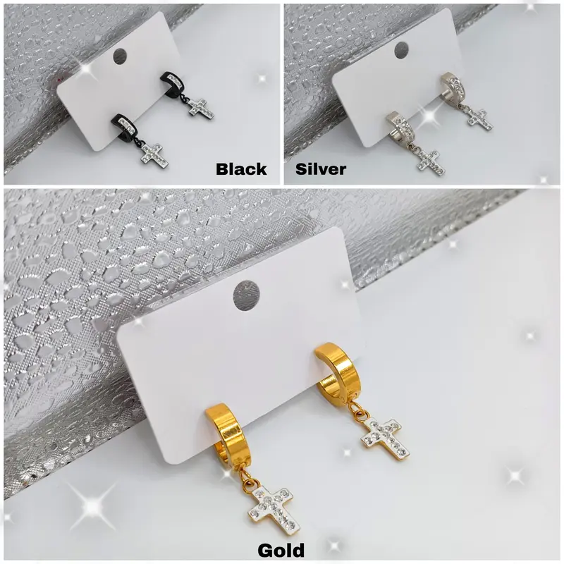 Anting Jepit Salib Permata Diamond Mewah Elegant Titanium Stainless Steel 3