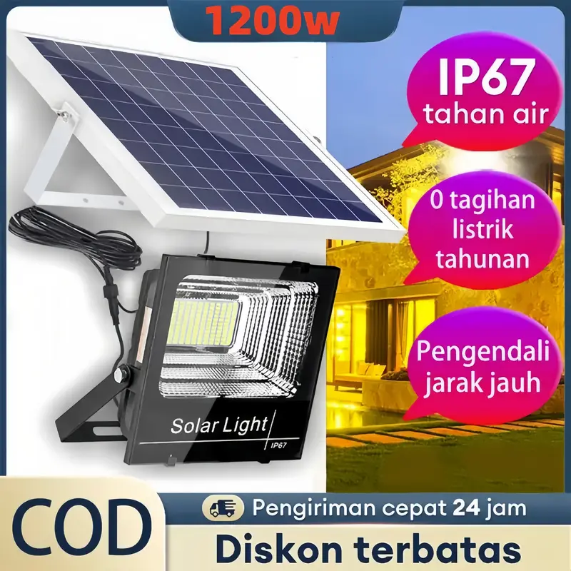 【Garansi 10 Tahun】Lampu sorot tenaga surya outdoor otomatis nyala 1200W lampu sorot LED Solar Cell Panel Surya gratis kabel 5 meter matahari jalan kendali jarak jauh 0 tagihan listrik selama 10 tahun Menerangi 200m2 Halaman dalam dan luar ruangan 0